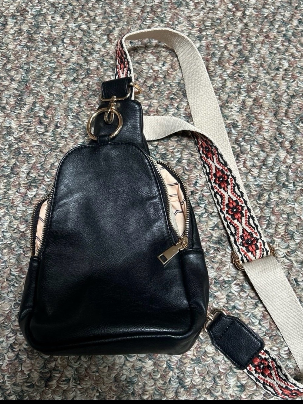 Moda Luxe Black Crossbody Sling with Cream & Red Patterned Strap